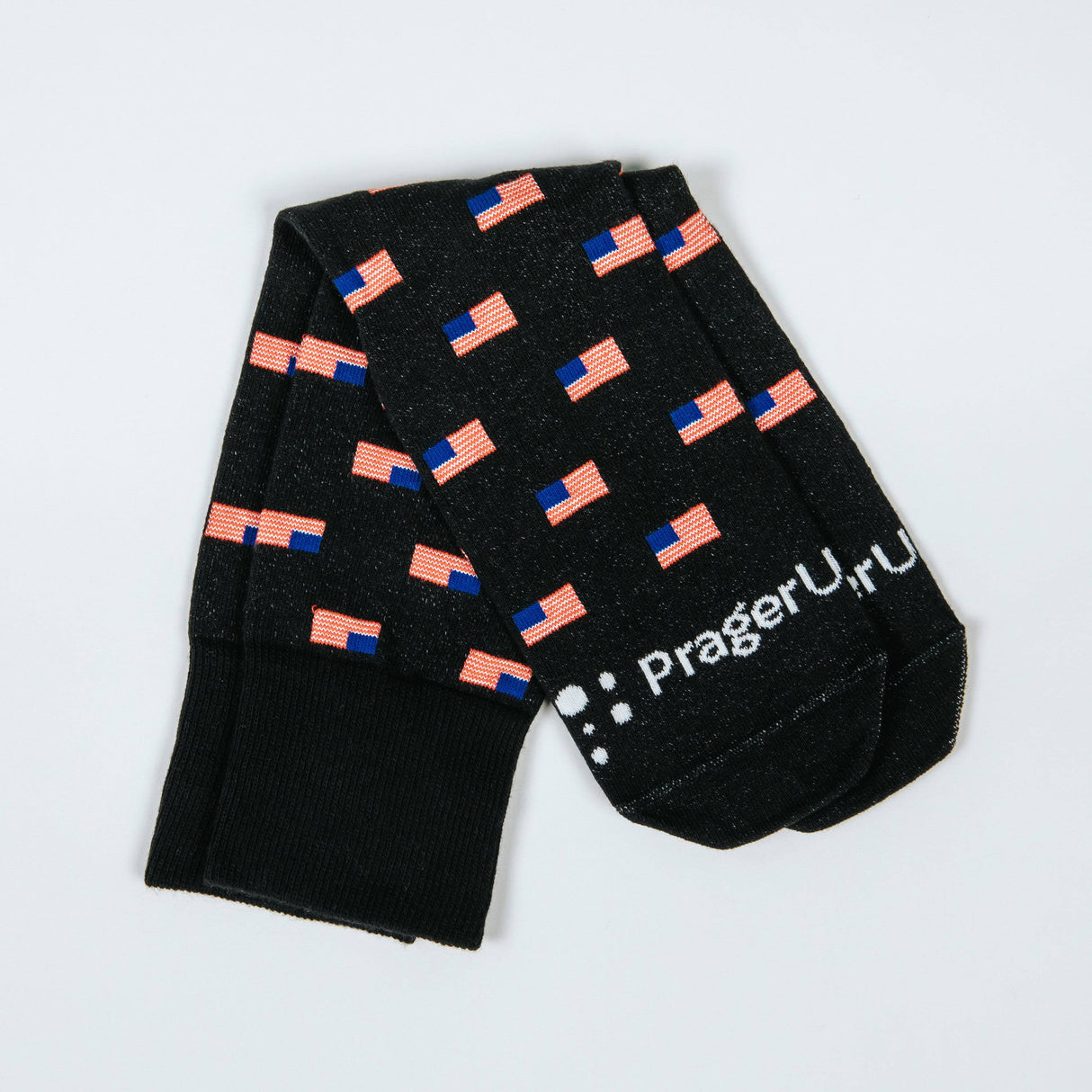 Black Flag Socks by PragerU featuring a vibrant flag pattern, made of comfortable knit fabric for casual wear.