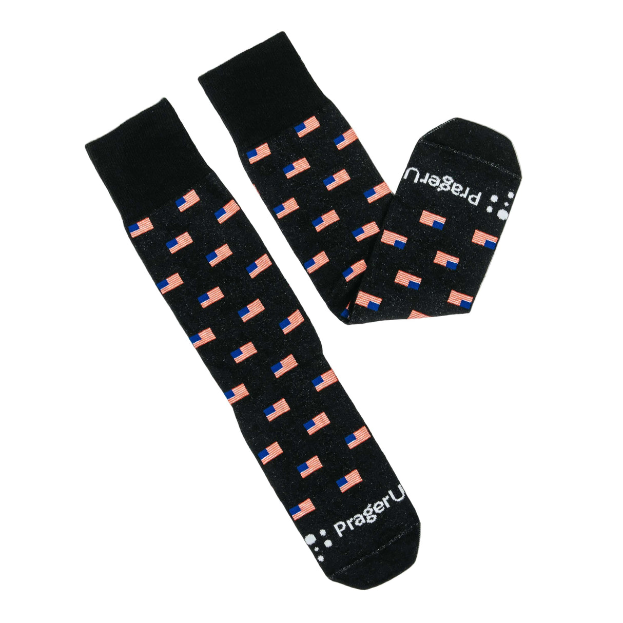 Black Flag Socks by PragerU featuring a pattern of various national flags, stylish and comfortable socks for everyday wear.