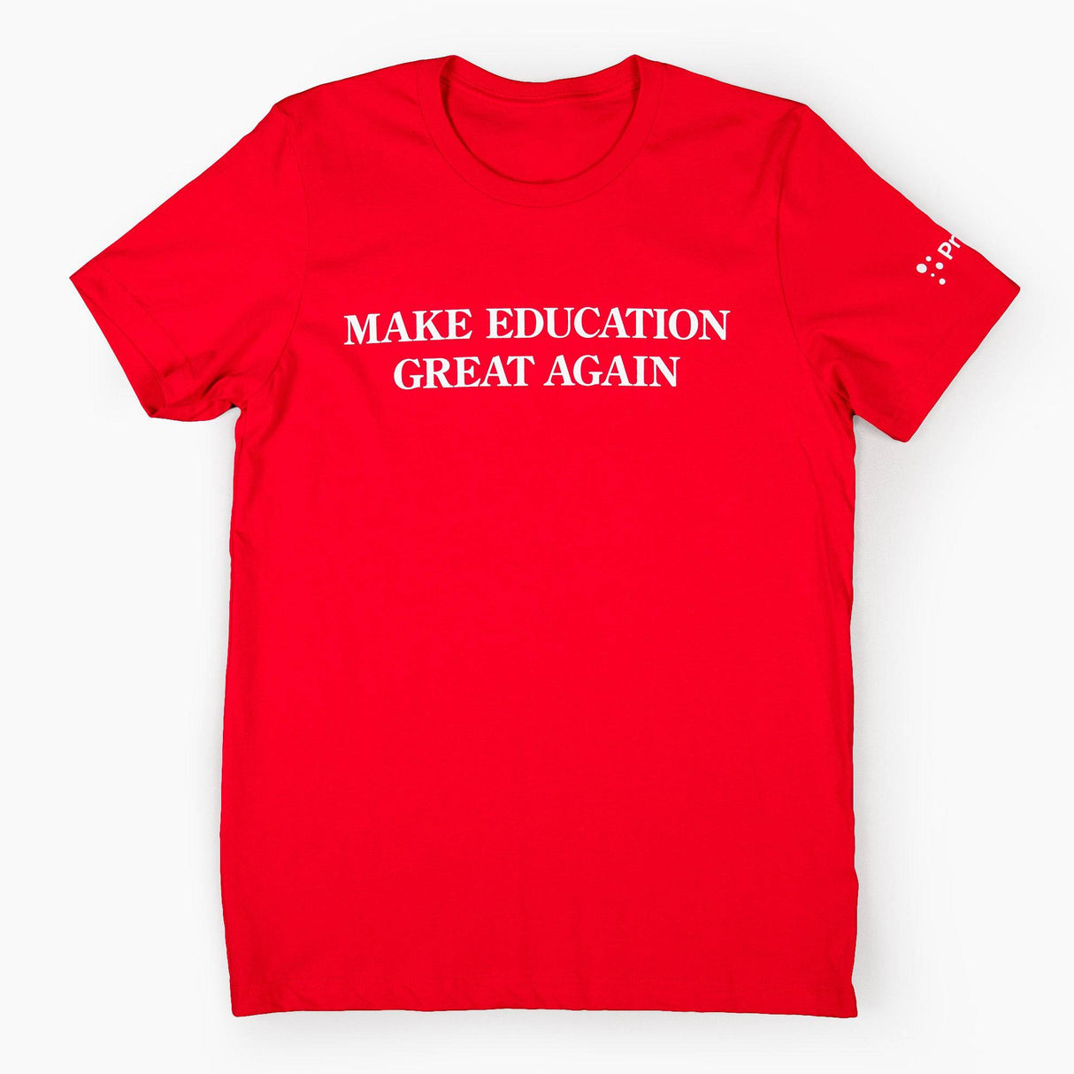 White PragerU Make Education Great Again (MEGA) T-Shirt with bold text design on the front.