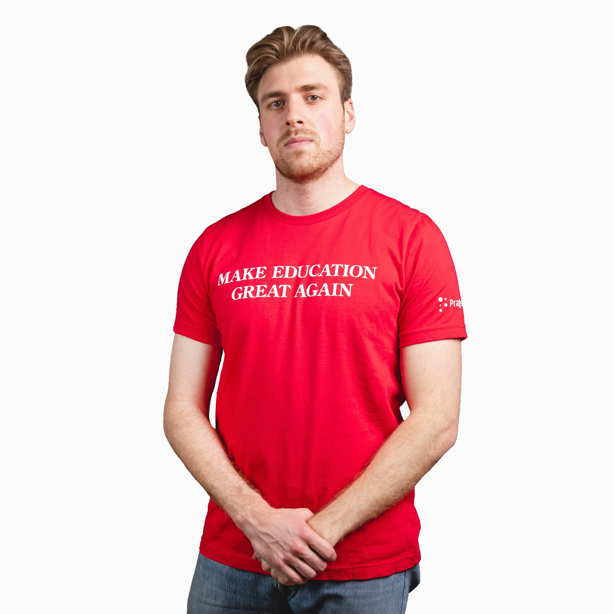 White PragerU Make Education Great Again (MEGA) T-Shirt with bold printed slogan on front, casual fit, and classic crew neck.