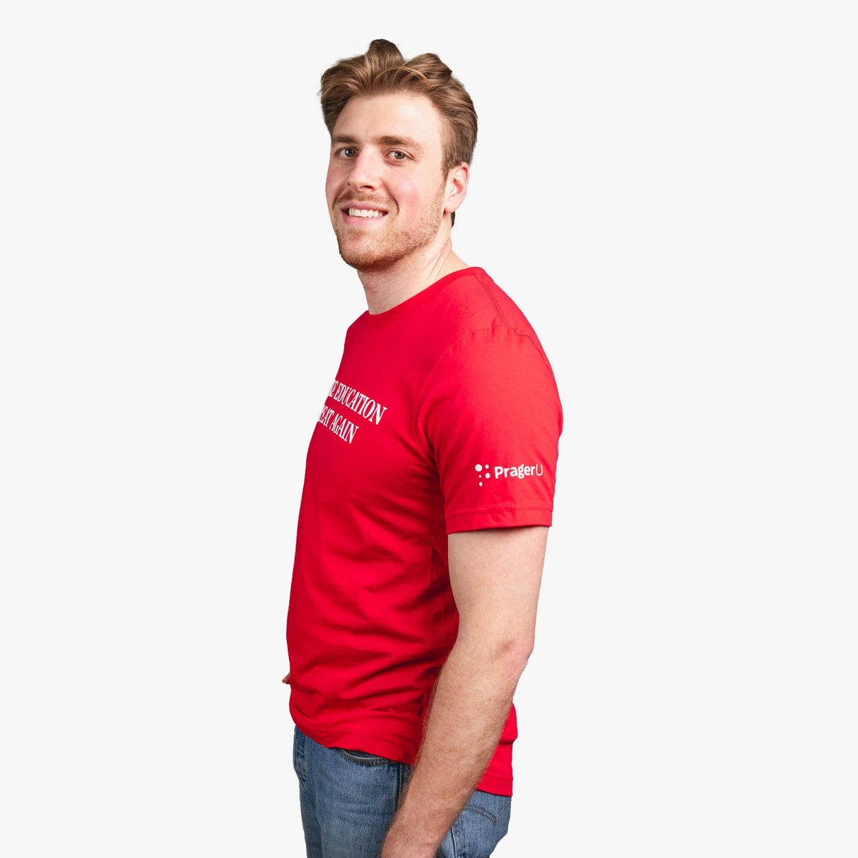 White PragerU Make Education Great Again (MEGA) T-Shirt with bold printed slogan on front.