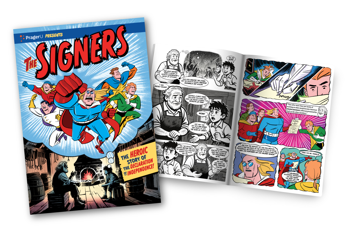Cover of "The Signers" graphic novel by PragerU, featuring illustrated historical figures and bold typography.