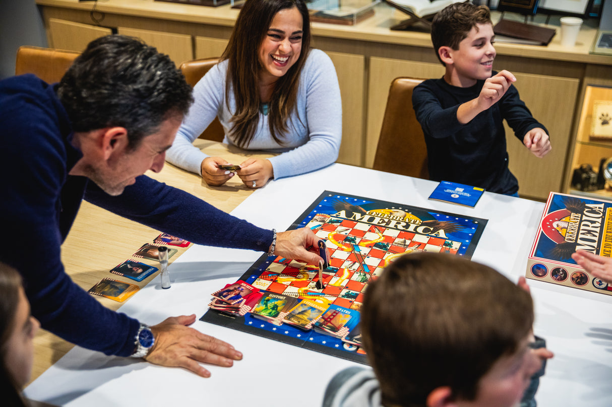 PragerU Celebrate America Race to The White House board game with colorful game pieces and a patriotic theme for family fun.