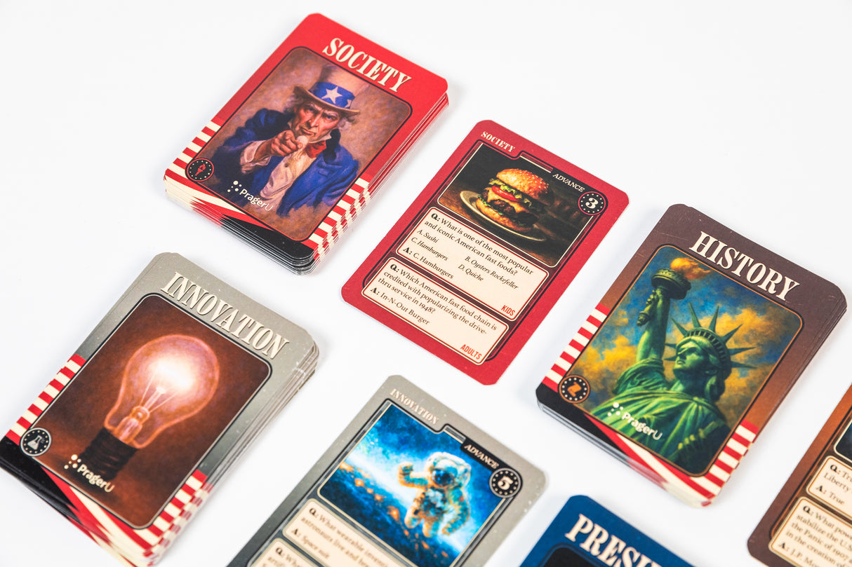 PragerU Celebrate America Race to The White House board game with colorful game pieces and a game board featuring political themes.