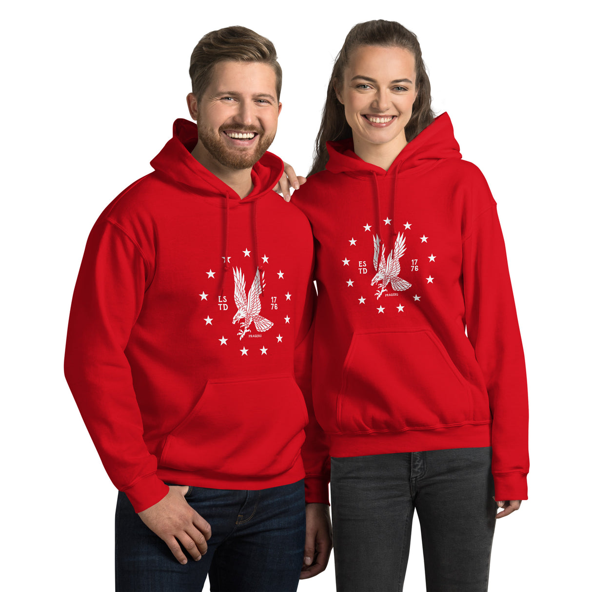 White emblem Freedom Eagle hoodie by PragerU, featuring a bold eagle design on the front, black hoodie with adjustable drawstrings.