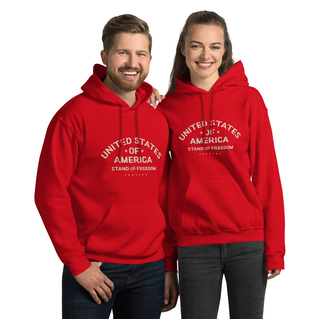 PragerU Stand for Freedom beige hoodie featuring a logo, casual fit, with a front chest logo design.