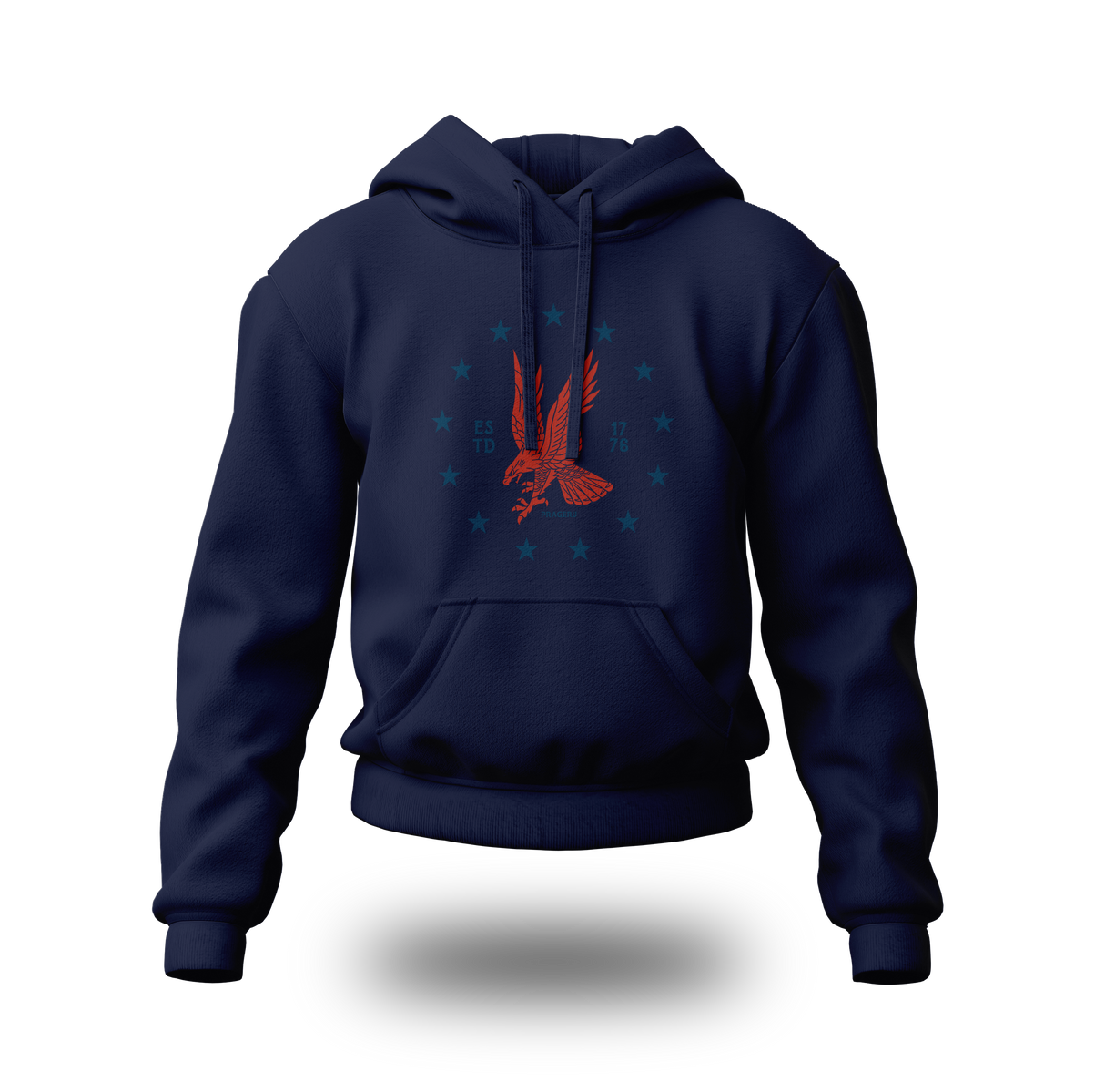Red emblem on PragerU Freedom Eagle hoodie, featuring a bold eagle graphic on a comfortable hoodie.