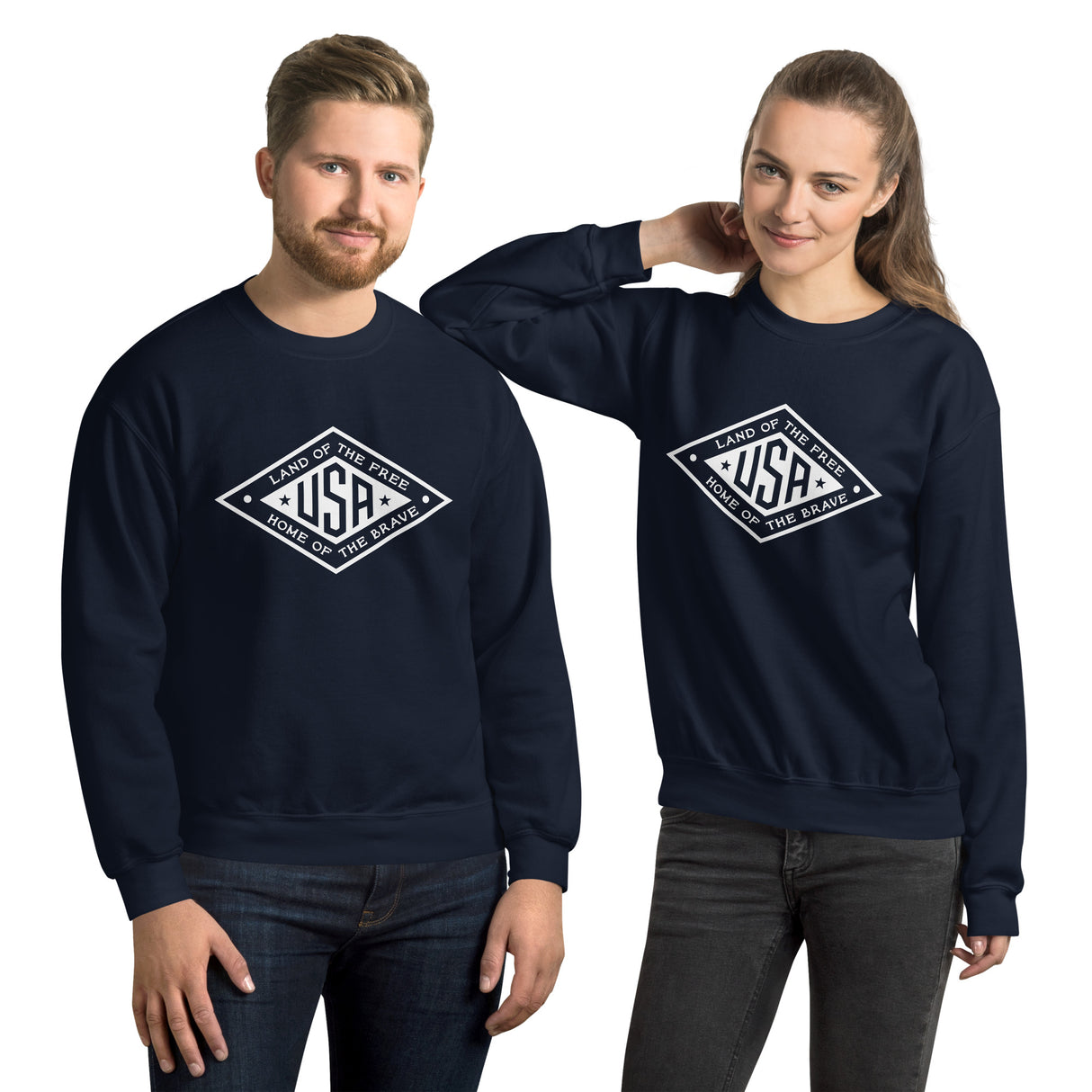White Land of the Free USA sweatshirt by PragerU with a white logo, displayed on a mannequin.