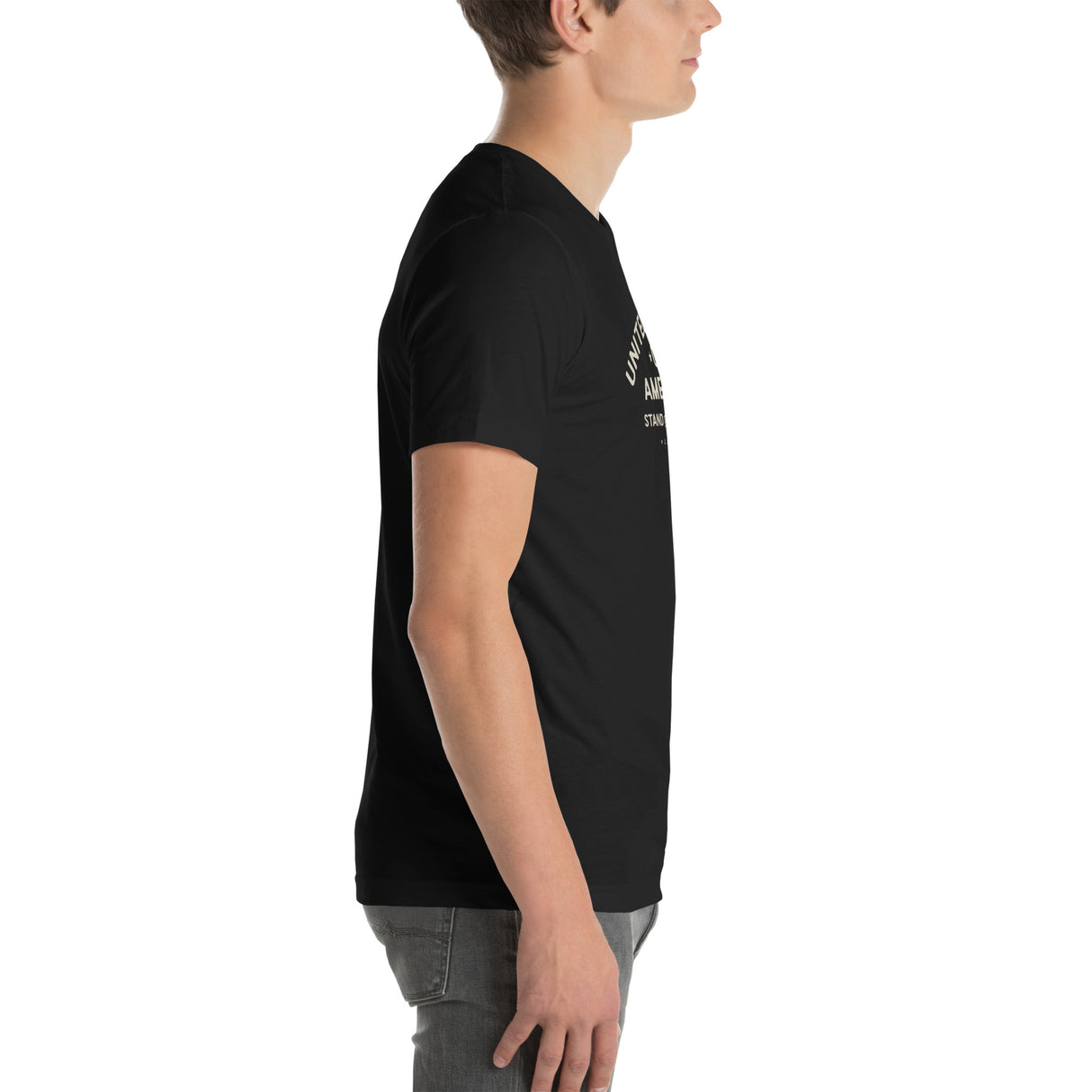 PragerU Stand for Freedom beige logo T-shirt, casual fit, featuring a printed design on the front.