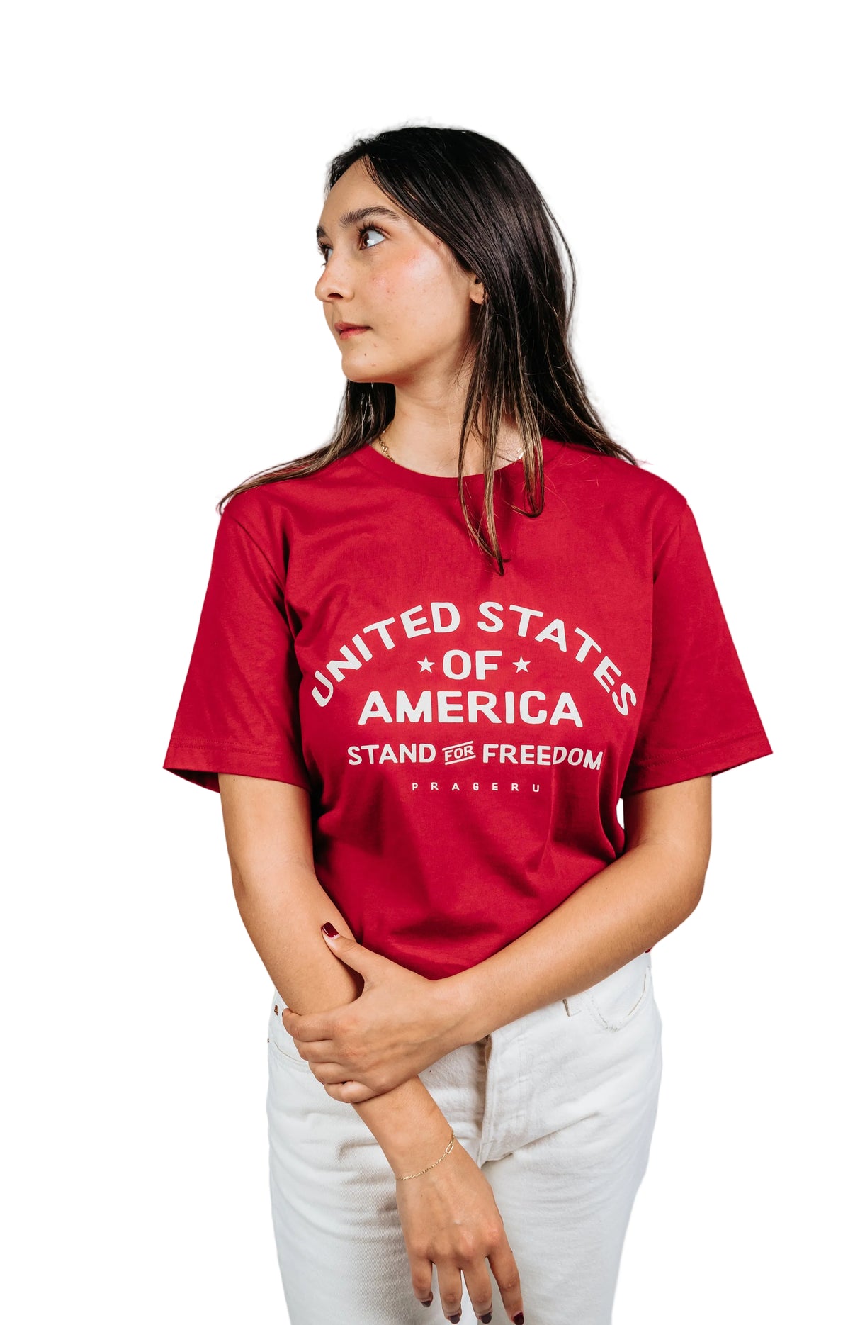 PragerU beige logo "Stand for Freedom" T-shirt displayed on a mannequin, showcasing a casual style and comfortable fit.