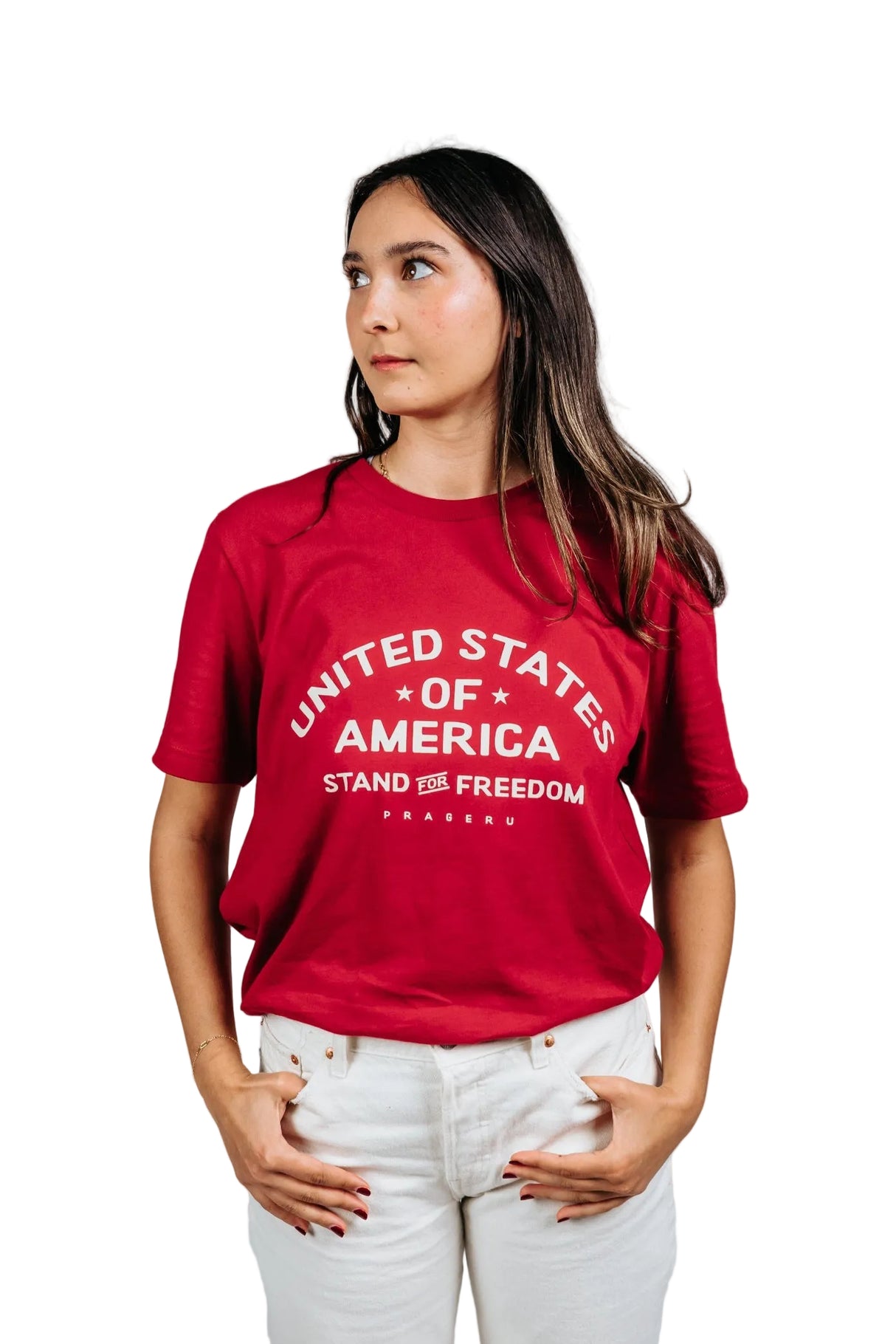 PragerU Stand for Freedom beige logo T-shirt, casual men's tee with a printed slogan on the front, in black.