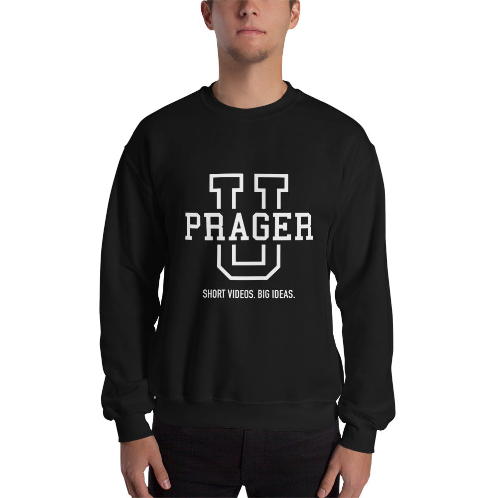 Black PragerU sweatshirt with logo, casual fit, front view showing the brand's emblem on the chest.