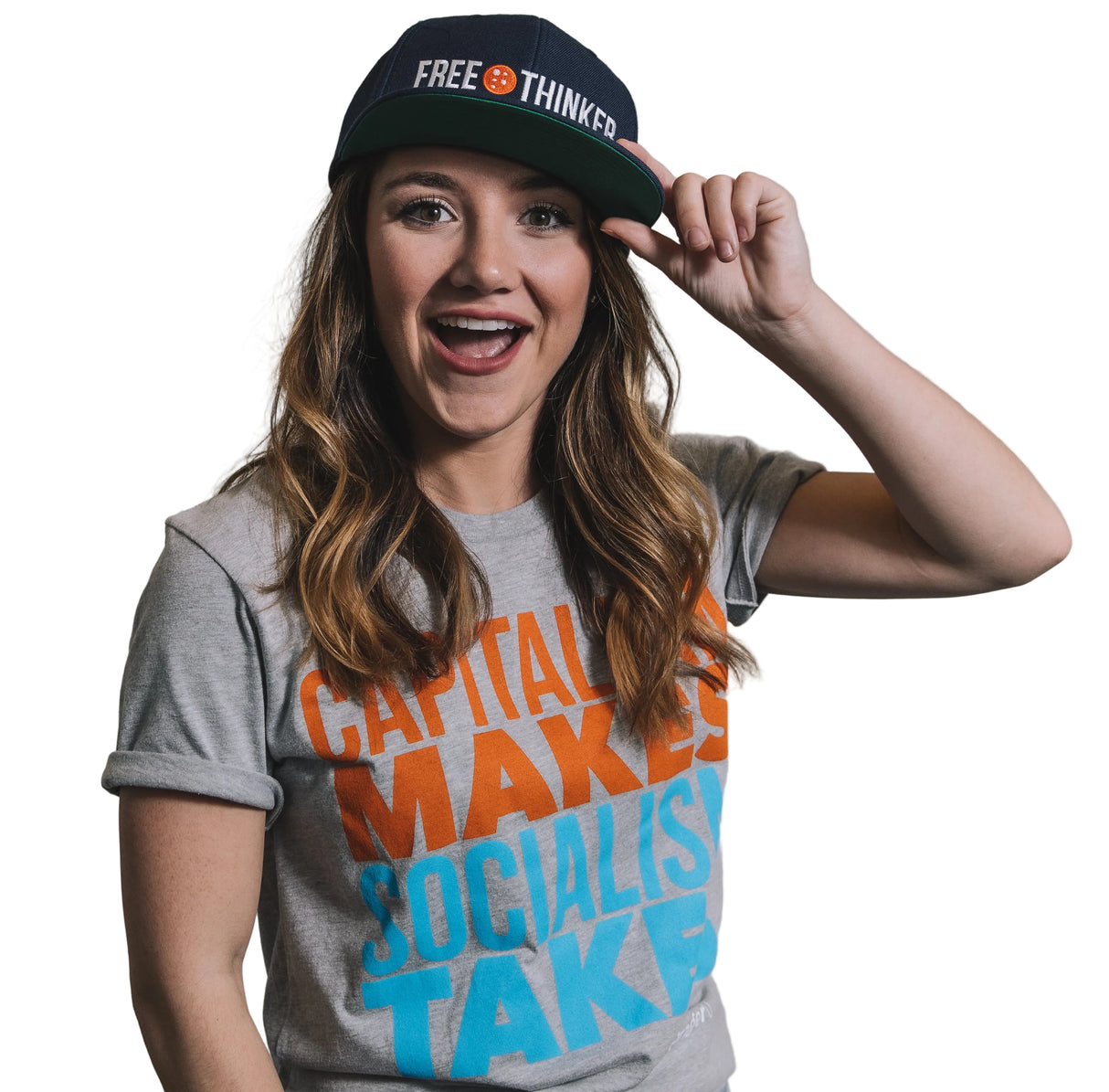 PragerU Capitalism Makes... T-Shirt in athletic heather, XS, featuring bold text on a casual cotton T-shirt.
