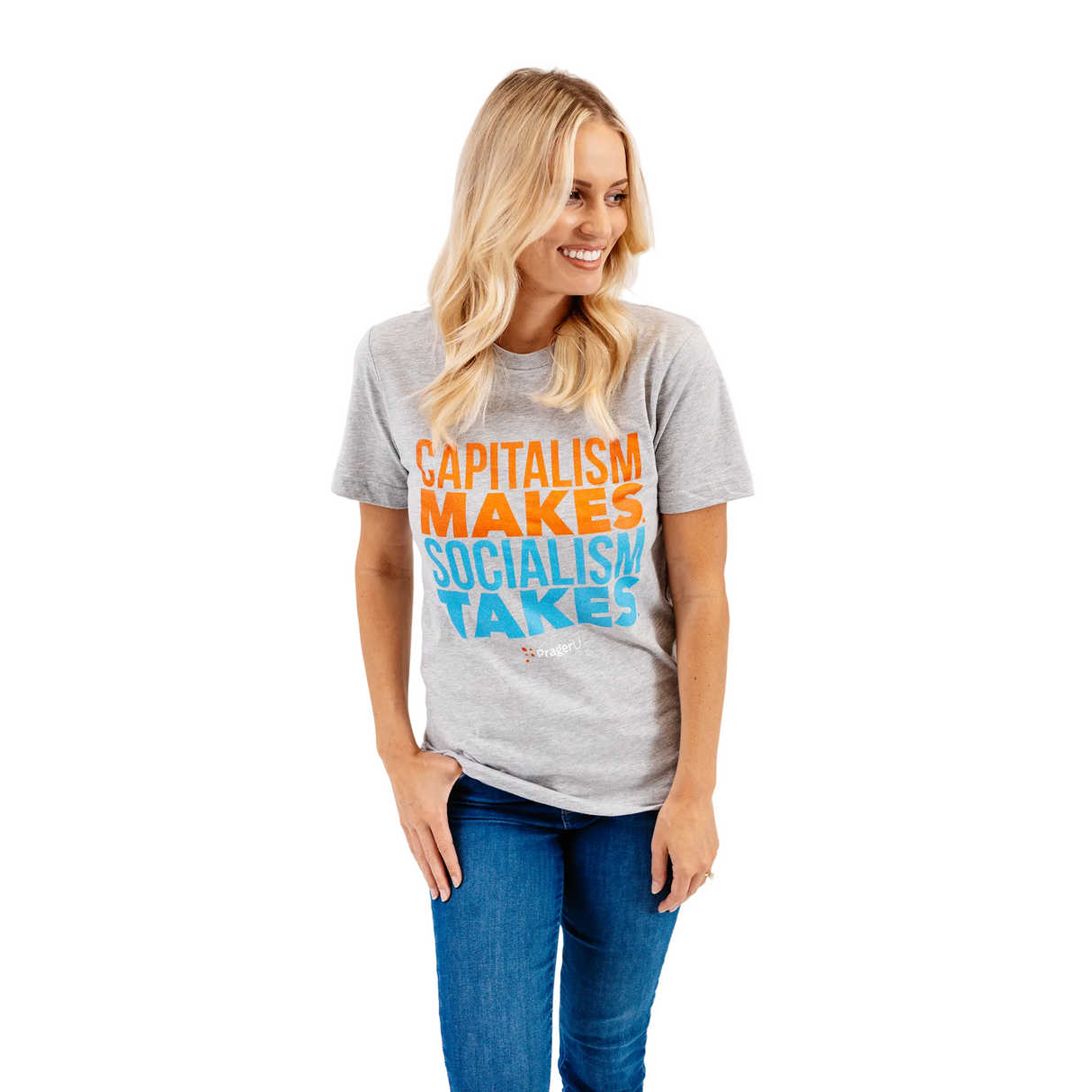 PragerU Capitalism Makes... T-Shirt in athletic heather fabric, XS size, featuring bold text and casual fit.