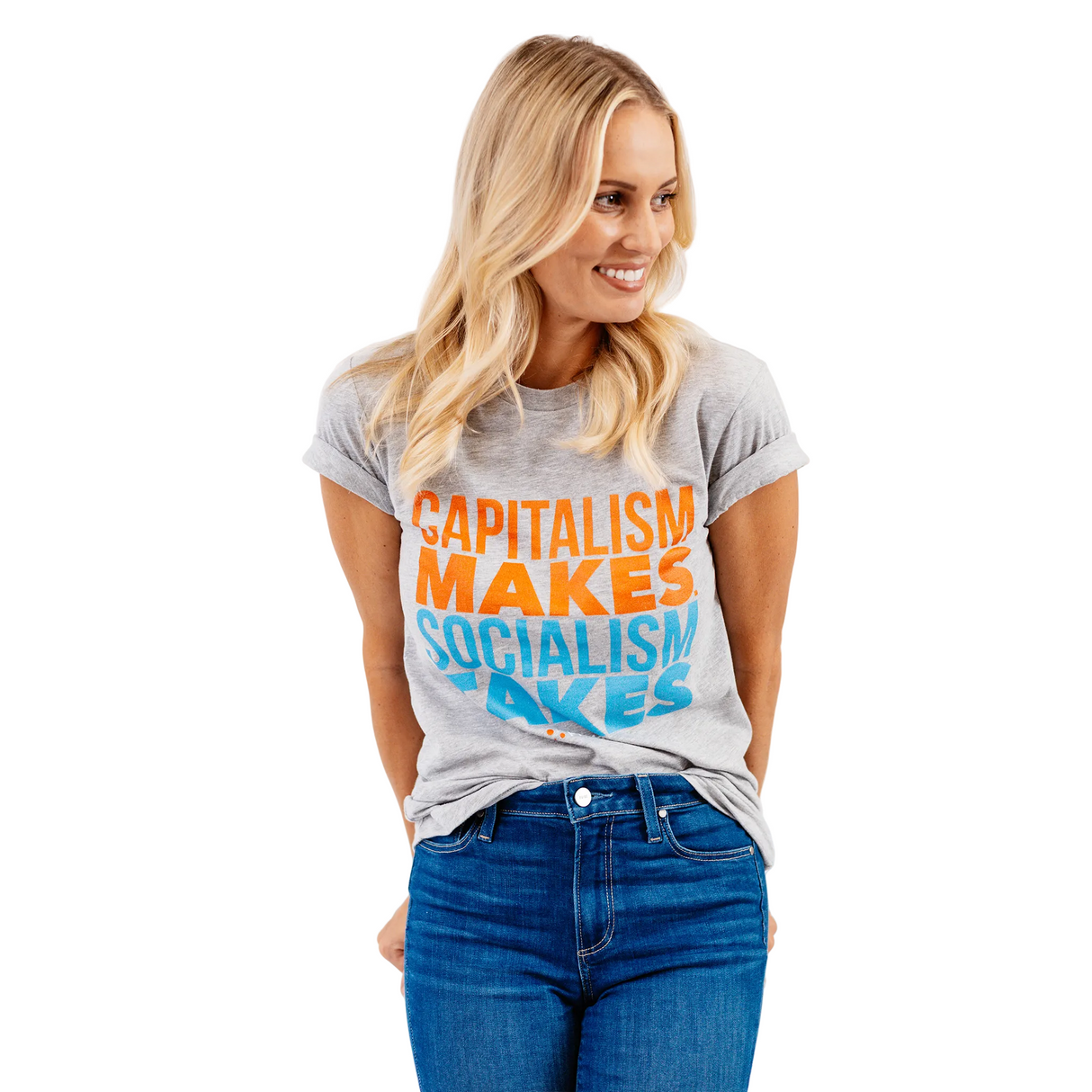 PragerU Capitalism Makes T-Shirt in athletic heather, XS size, featuring bold printed design on a casual T-shirt