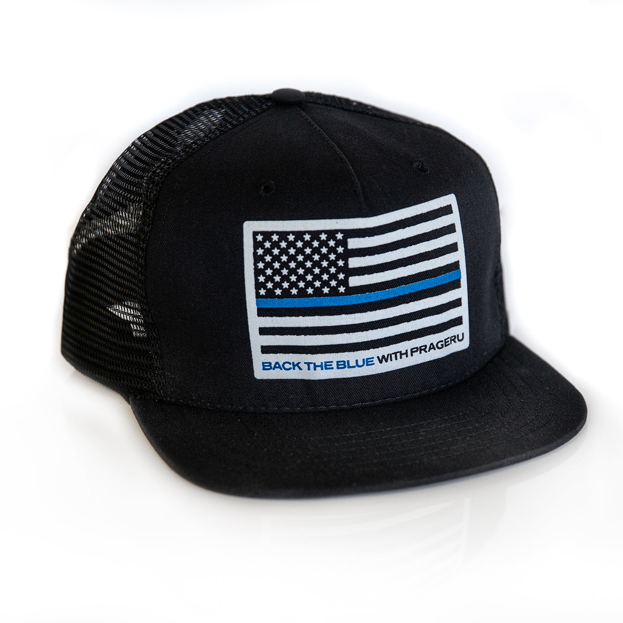 PragerU Back the Blue hat featuring a blue line design, casual unisex hat in black with embroidered text, symbolizing support for law enforcement.