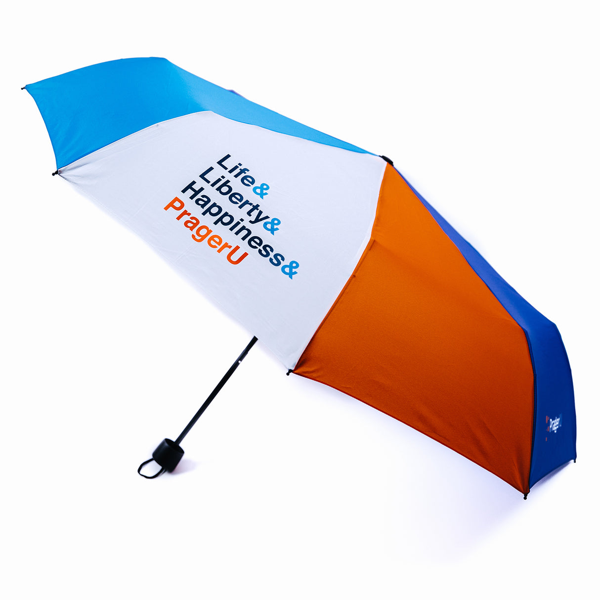 PragerU umbrella set featuring two umbrellas with quote and logo designs, perfect for protection and style.