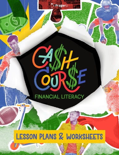 PragerU Cash Course books on financial literacy with lesson plans and worksheets, featuring colorful educational covers.