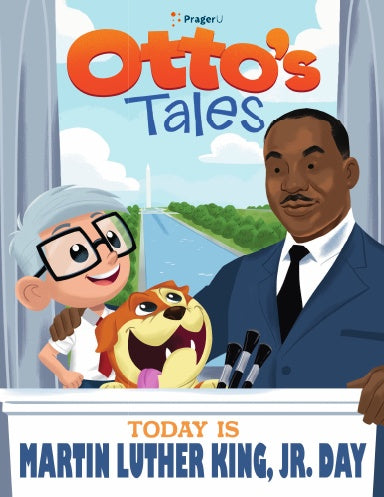PragerU's "Otto's Tales: Today is Martin Luther King Jr. Day" children's book with colorful cover art featuring children and a city scene.