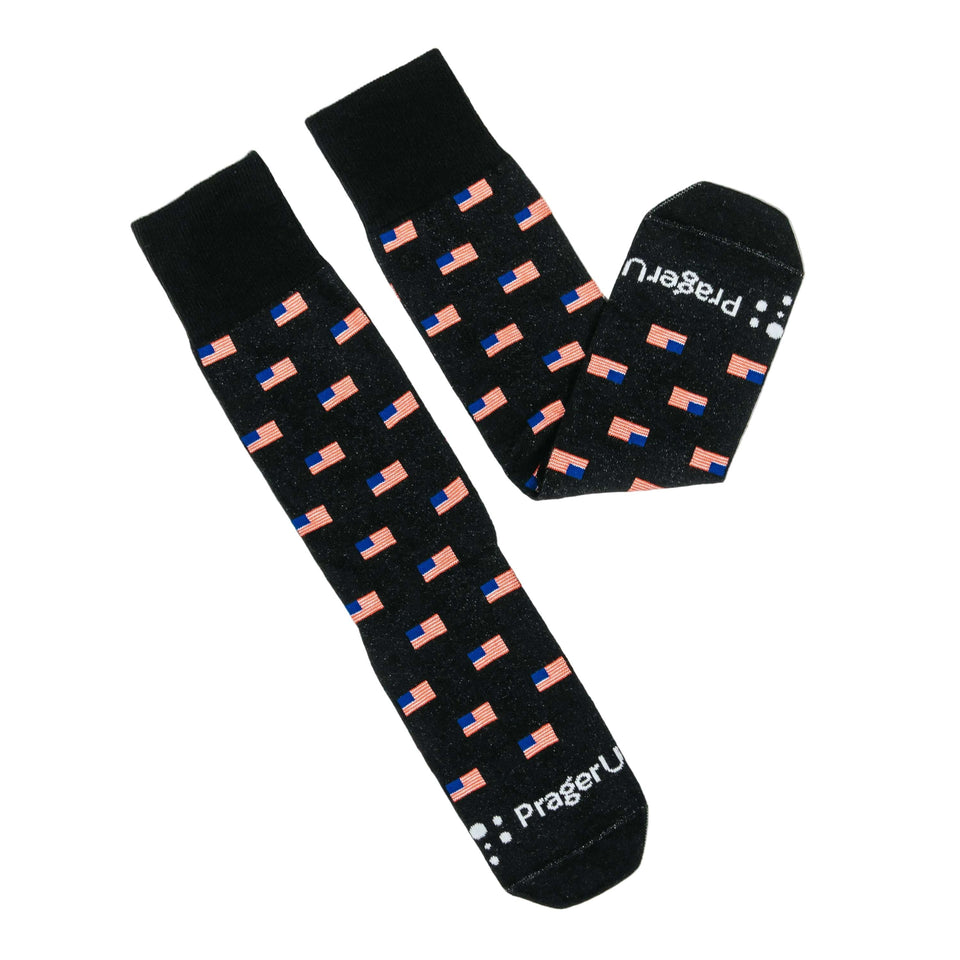 Black Flag Socks by PragerU featuring a pattern of various national flags, stylish and comfortable socks for everyday wear.