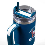 PragerU GOAT tumbler with black lid and logo, durable stainless steel travel mug for beverages, ideal for on-the-go use.