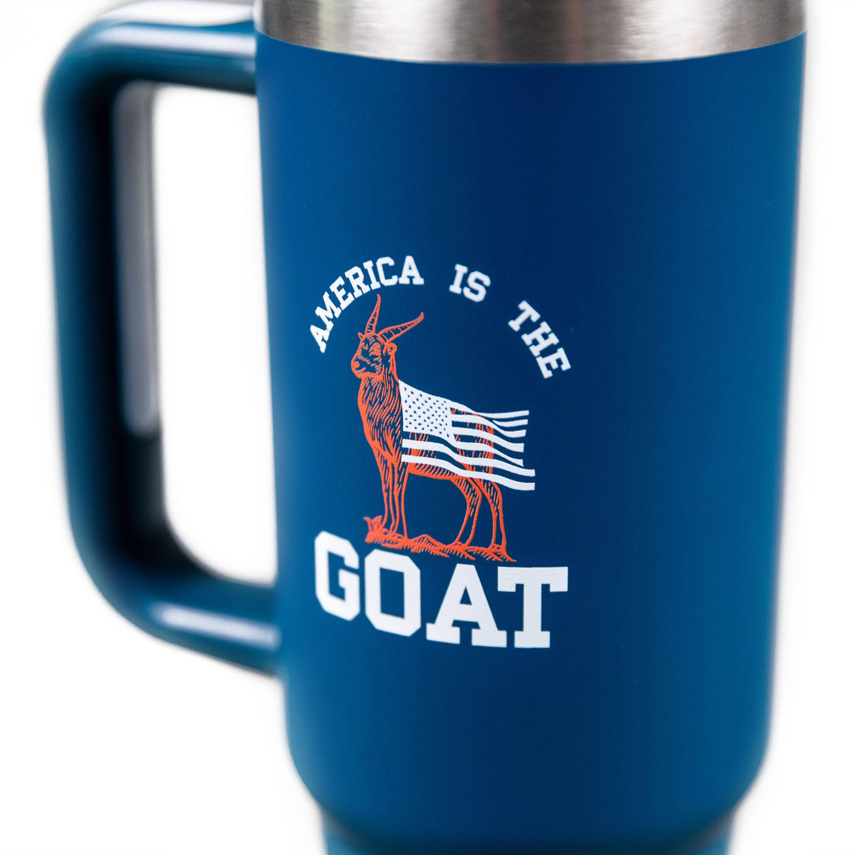 PragerU GOAT tumbler showing a stainless steel insulated tumbler with the PragerU logo and a black lid.