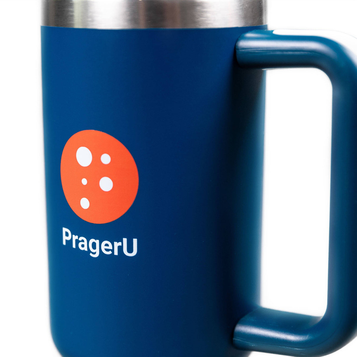 PragerU GOAT tumbler made of stainless steel with a lid, featuring the GOAT logo and a sleek, durable design for drinks on the go.
