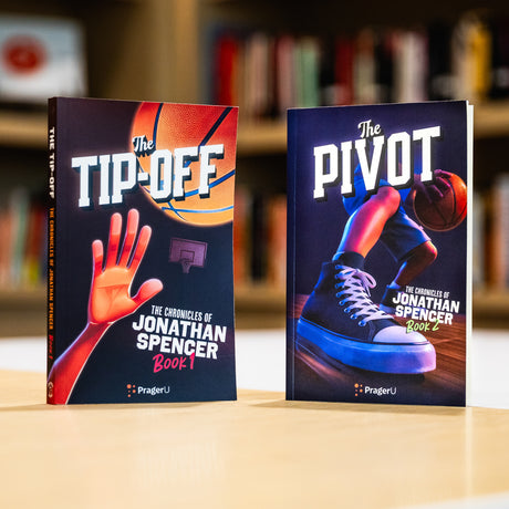 PragerU The Chronicles of Jonathan Spencer book bundle with multiple illustrated books, displayed on a wooden surface.