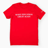 White PragerU Make Education Great Again (MEGA) T-Shirt with bold text design on the front.