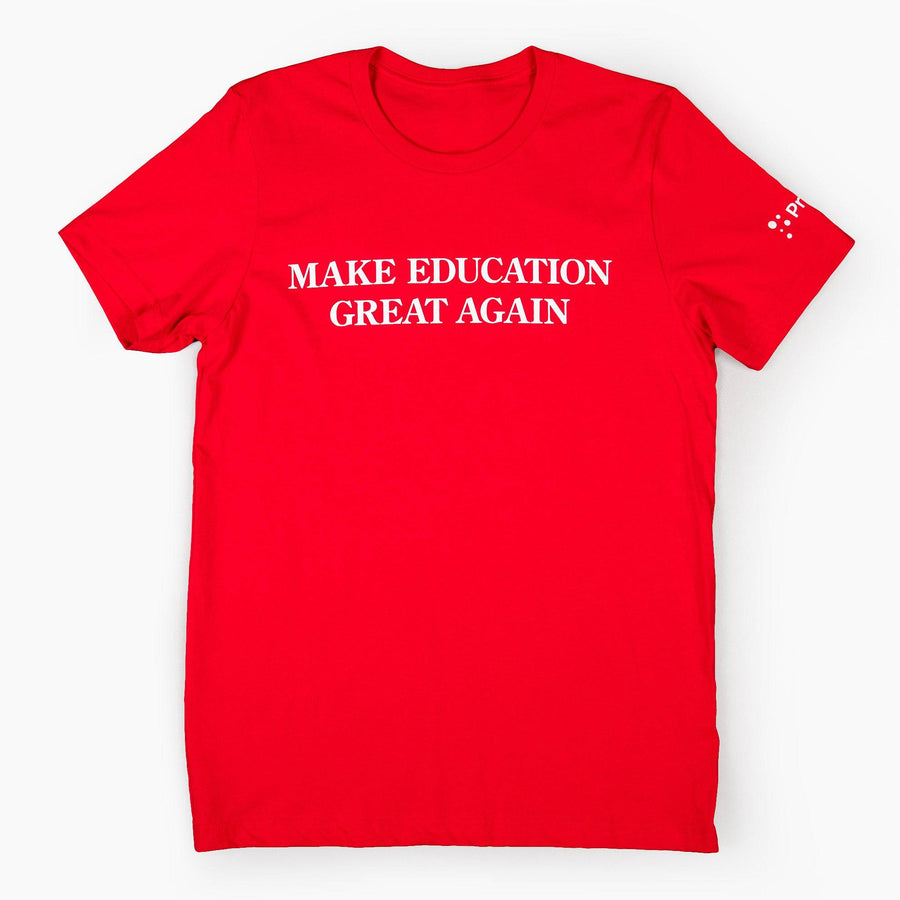 White PragerU Make Education Great Again (MEGA) T-Shirt with bold text design on the front.