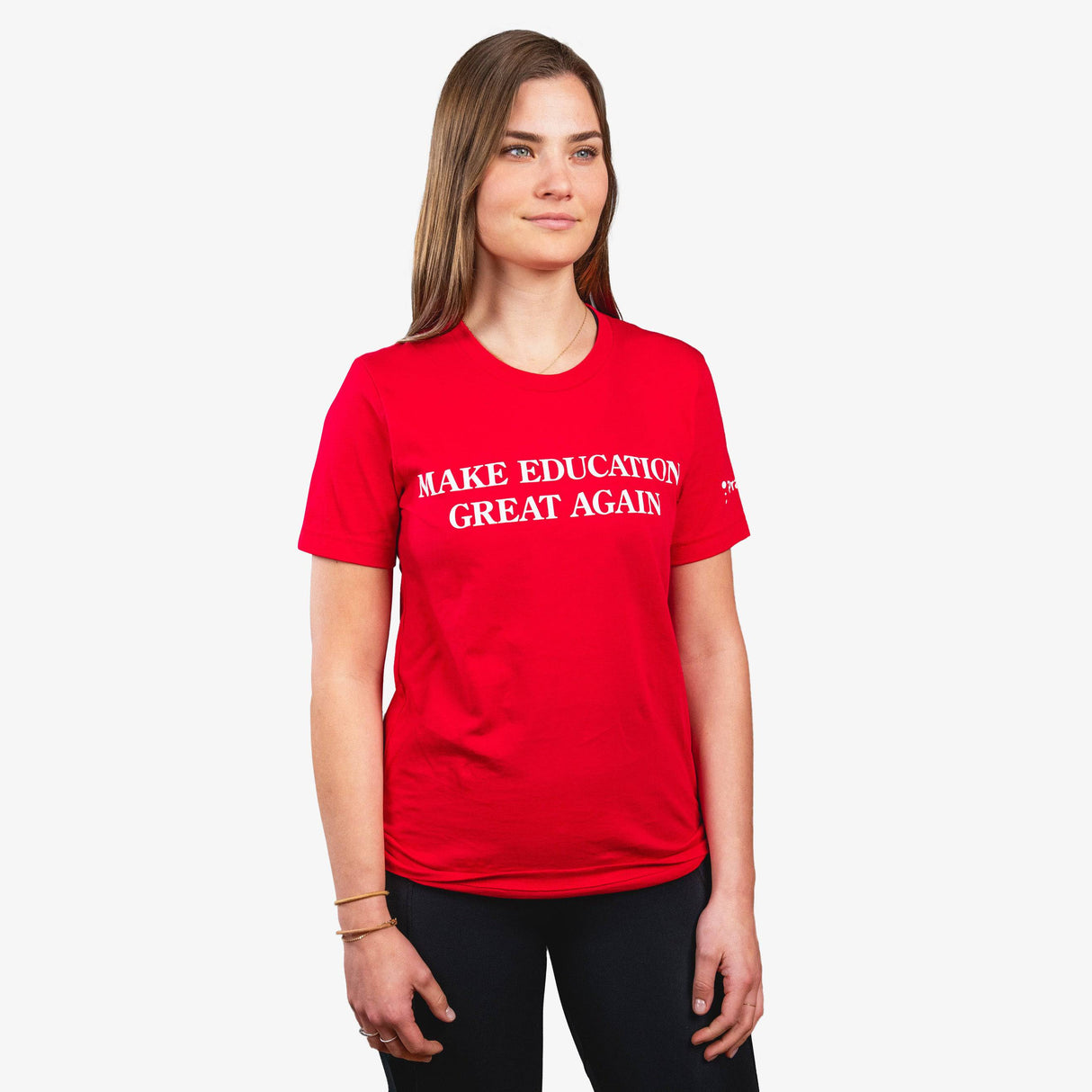 White PragerU Make Education Great Again (MEGA) T-Shirt with bold text design on the front.