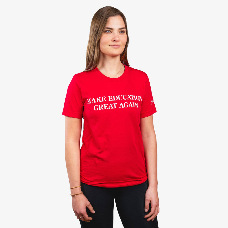 White PragerU Make Education Great Again (MEGA) T-Shirt with bold text design on the front.
