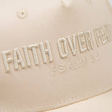 PragerU Faith Over Fear hat featuring embroidered text on a casual baseball cap, adjustable strap, and classic design.