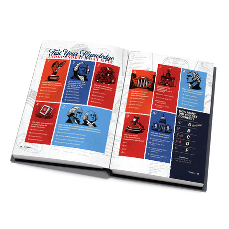 Open book titled "An American Tradition: The Independence Day Ceremony" by PragerU, featuring historical illustrations on pages.