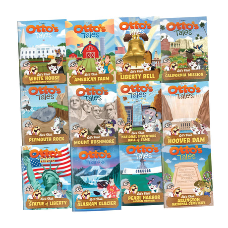Set of 12 PragerU Otto's Tales "Let's Visit" collection books featuring colorful covers and engaging illustrations for young readers.