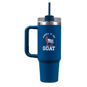 PragerU GOAT tumbler duo featuring two stainless steel tumblers with black lids, ideal for hot and cold beverages.