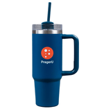 PragerU GOAT tumbler duo showing two reusable tumblers with black lids and colorful designs, ideal for beverages.