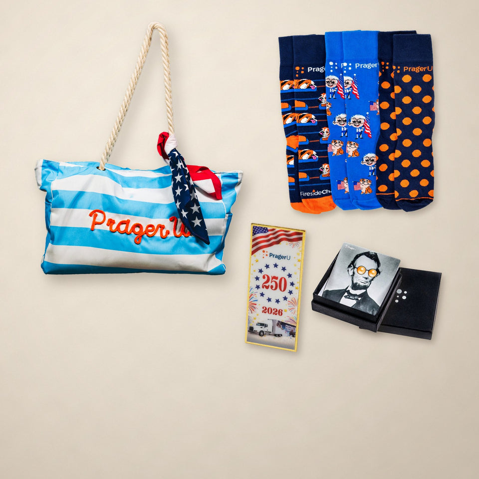 PragerU striped beach tote with flag bandana, sock 3-pack, 2026 Pin of the Year, and ceramic coaster set