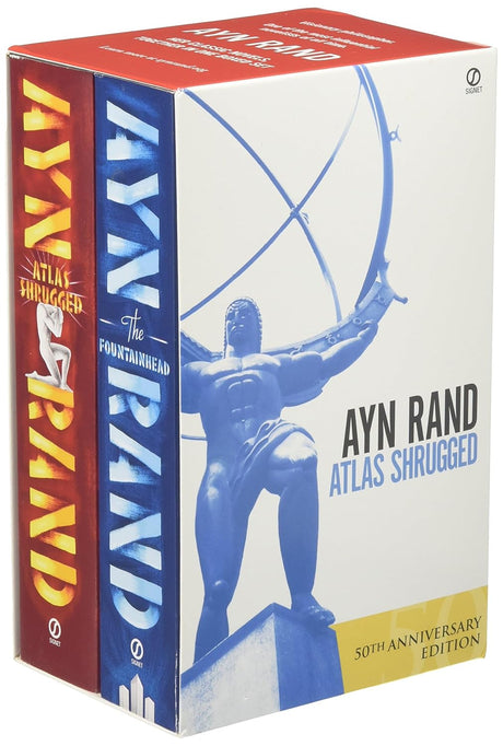 Ayn Rand box set with Atlas Shrugged and The Fountainhead books by Signet Book, featuring classic hardcover editions.