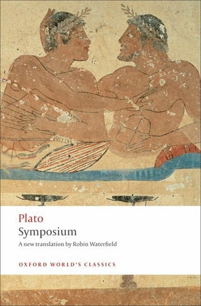 Open book titled "Symposium" by Oxford University Press, featuring text and illustrations on cream-colored pages.