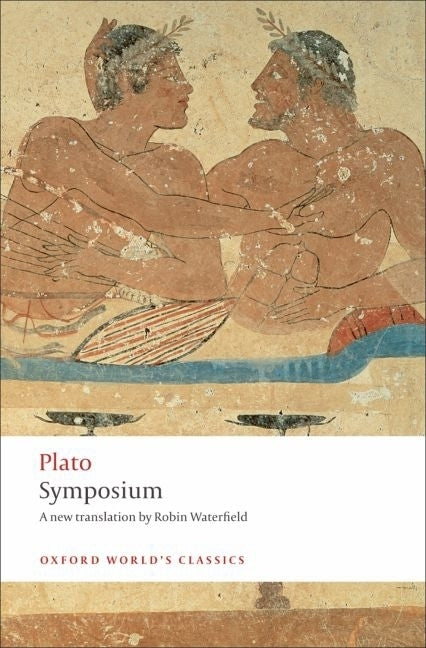 Open book titled "Symposium" by Oxford University Press, featuring text and illustrations on cream-colored pages.