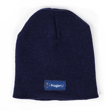 PragerU beanie hat in black with white logo, cozy knit cap perfect for cold weather and casual wear.