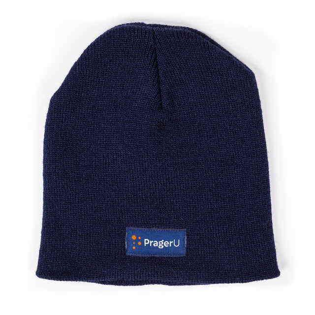 PragerU beanie hat in black with white logo, cozy knit cap perfect for cold weather and casual wear.