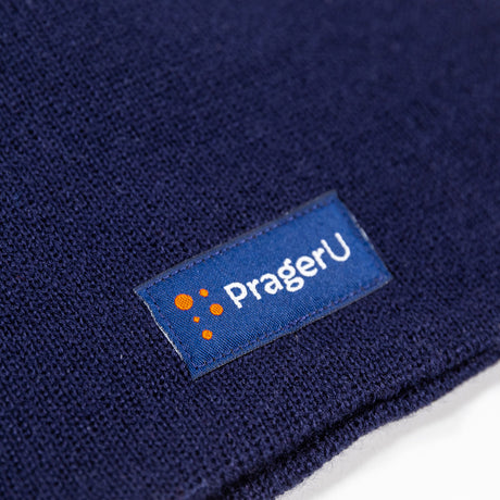 PragerU beanie in black with white embroidered logo, soft knit fabric, casual style for cold weather.