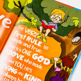 Children's book titled "The 10 Commandments" by PragerU, featuring colorful cover art with religious themes and illustrations.