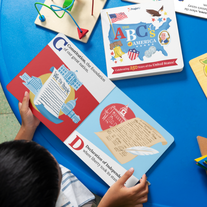 PragerU The ABCs of America board book for babies and toddlers showing colorful alphabet pages with patriotic themes.