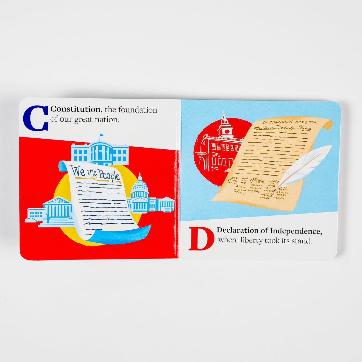 PragerU The ABCs of America board book for babies and toddlers, featuring colorful pages with alphabet and American symbols.