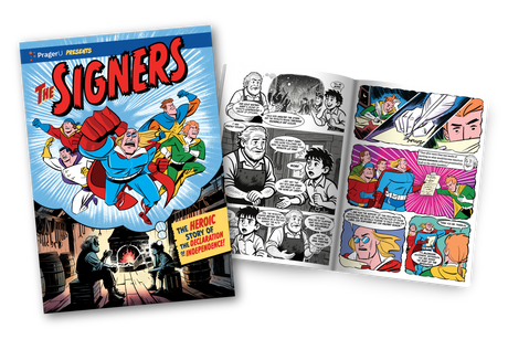 Cover of "The Signers" graphic novel by PragerU, featuring illustrated historical figures and bold typography.