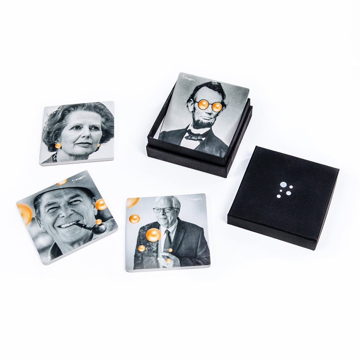 PragerU coaster set featuring four round coasters with educational slogans and logo, ideal for protecting surfaces.