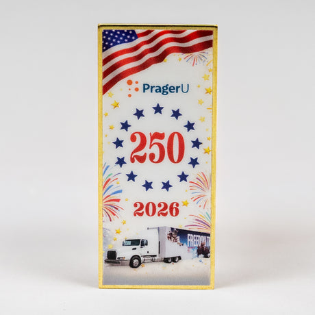 2026 America 250 Pin of the Year by PragerU featuring a gold-colored emblem with patriotic design and the year 2026.